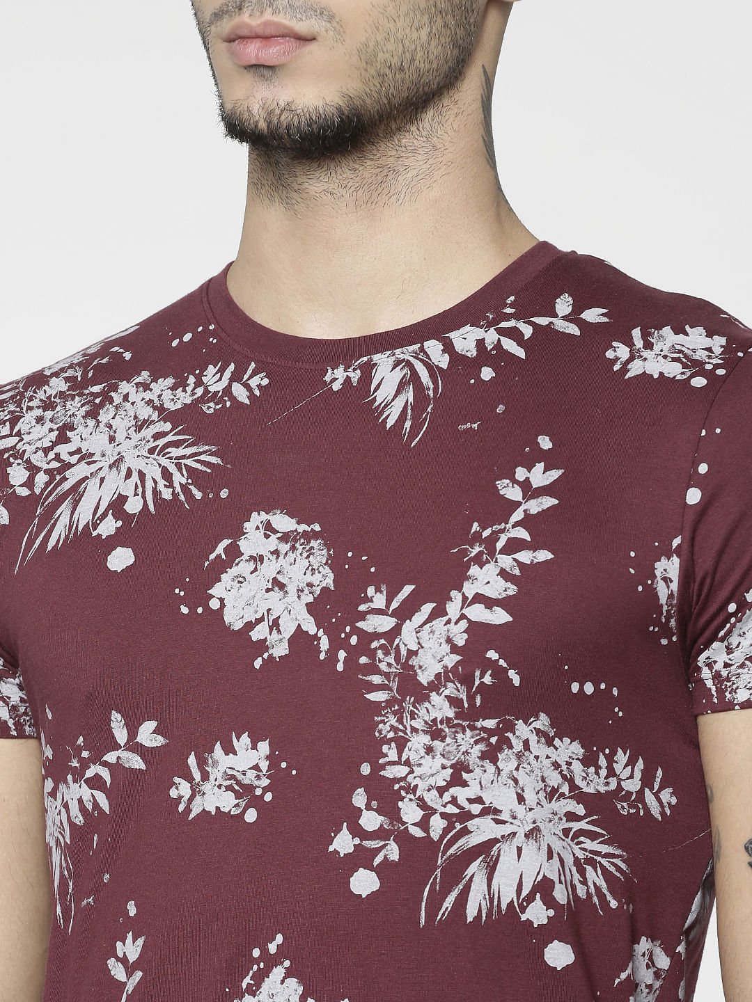 Red All Over Floral Print Slim Fit Crew Neck T-Shirt