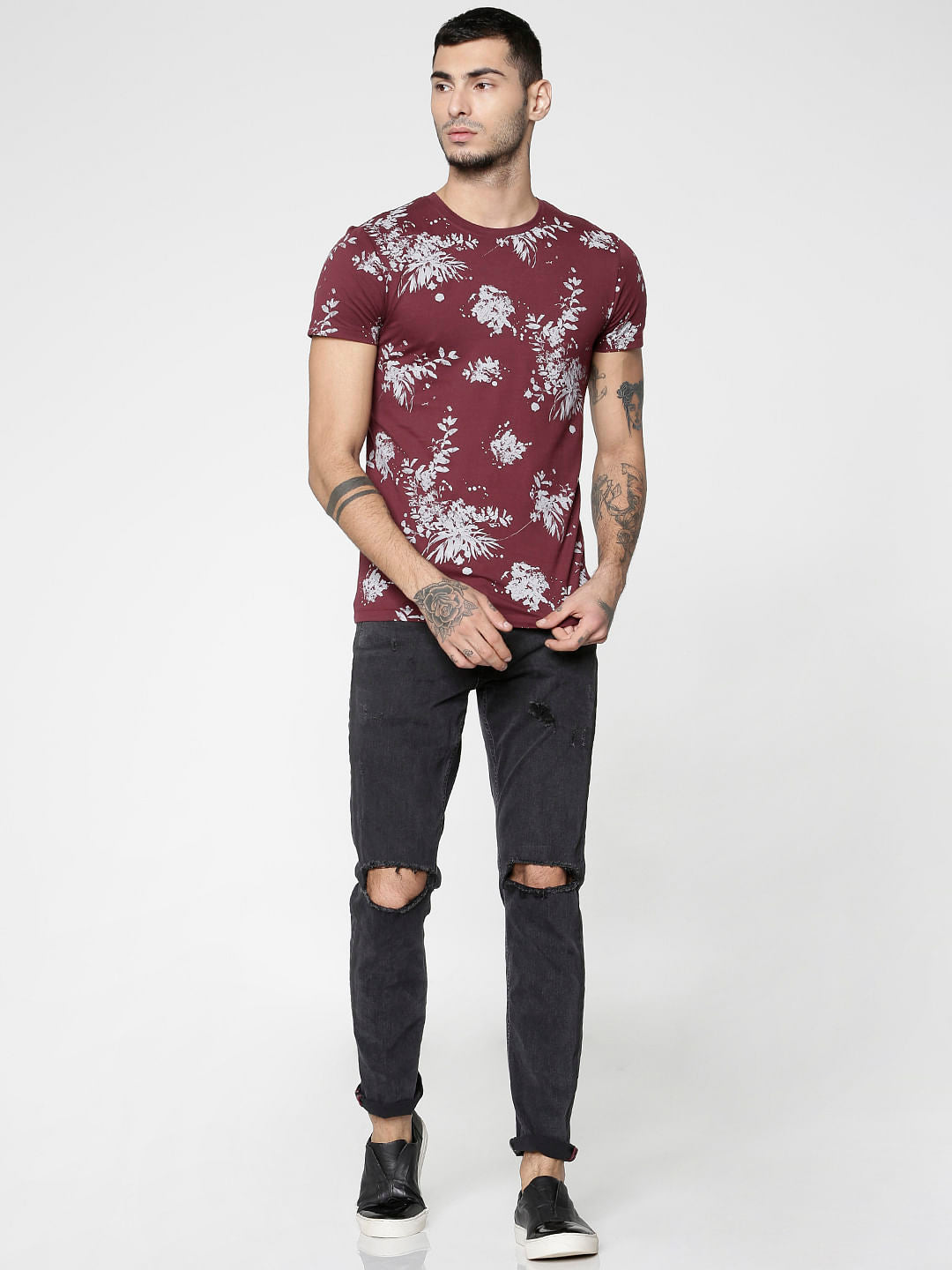 Red All Over Floral Print Slim Fit Crew Neck T-Shirt