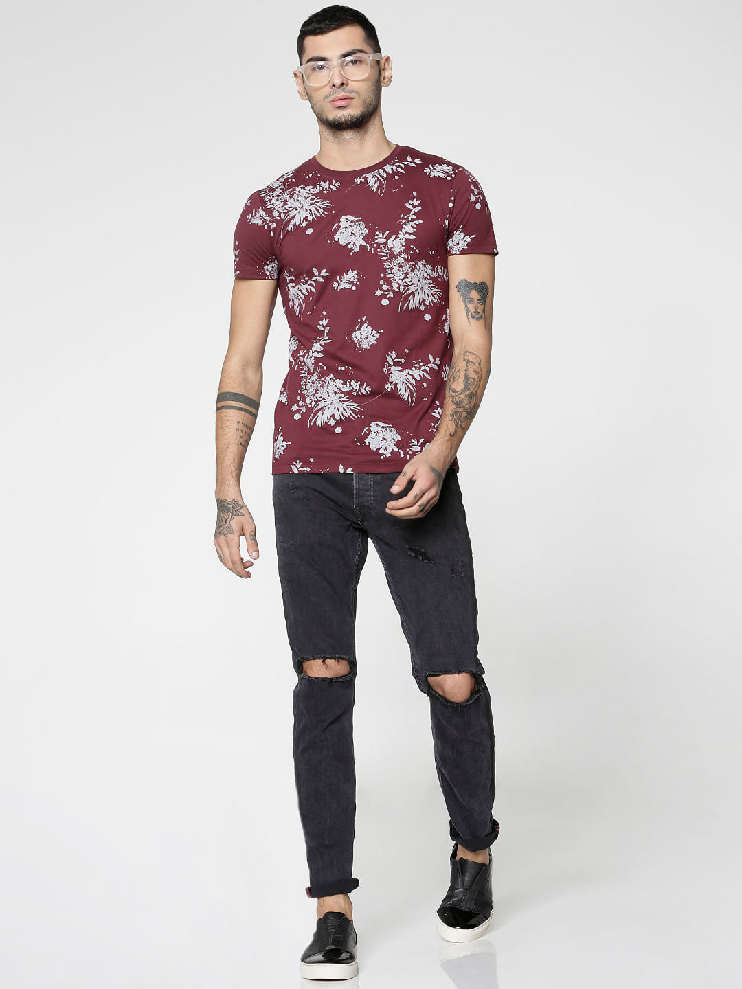 Red All Over Floral Print Slim Fit Crew Neck T-Shirt