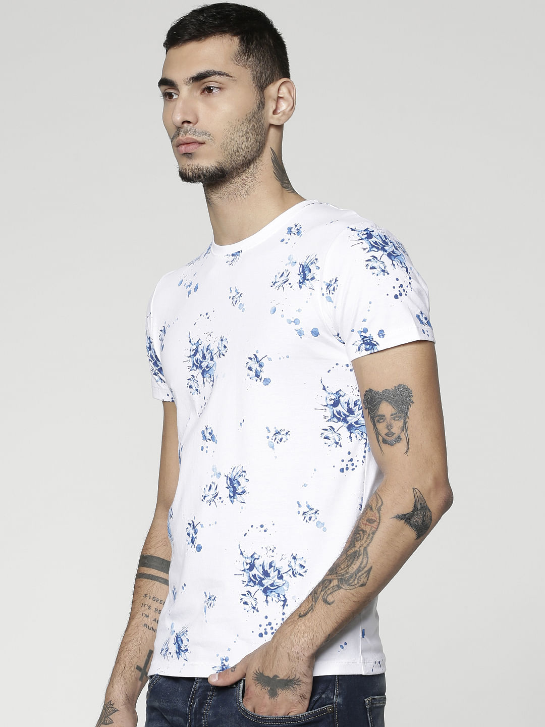 White All Over Floral Print Slim Fit Crew Neck T-Shirts