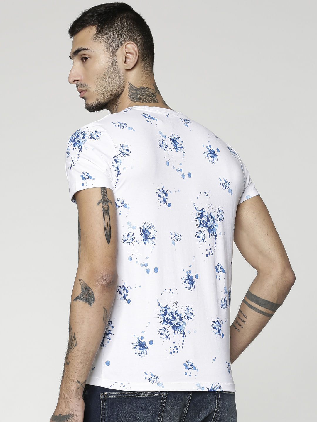 White All Over Floral Print Slim Fit Crew Neck T-Shirts