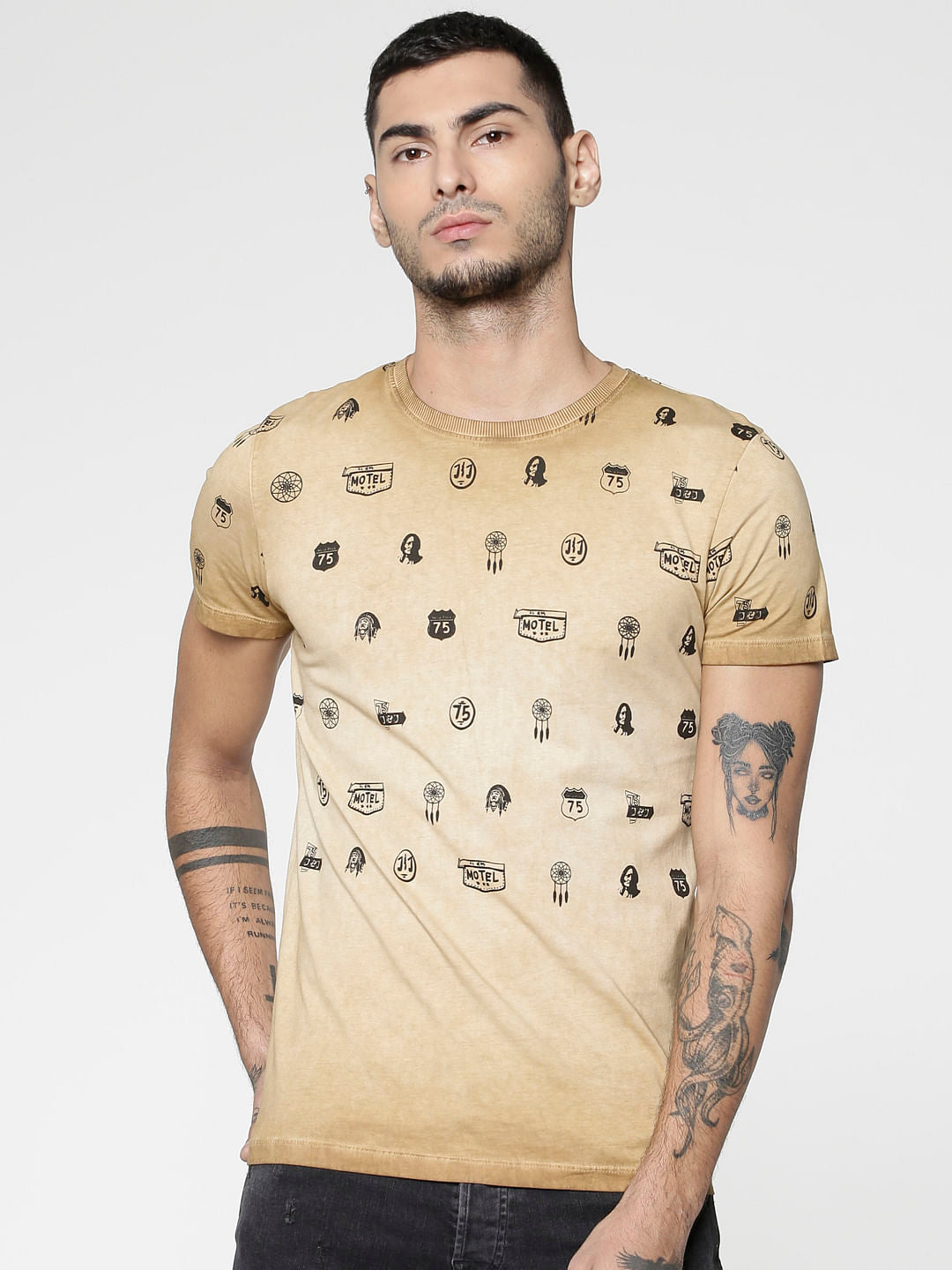 Brown All Over Graphic Print Slim Fit Crew Neck T-Shirt
