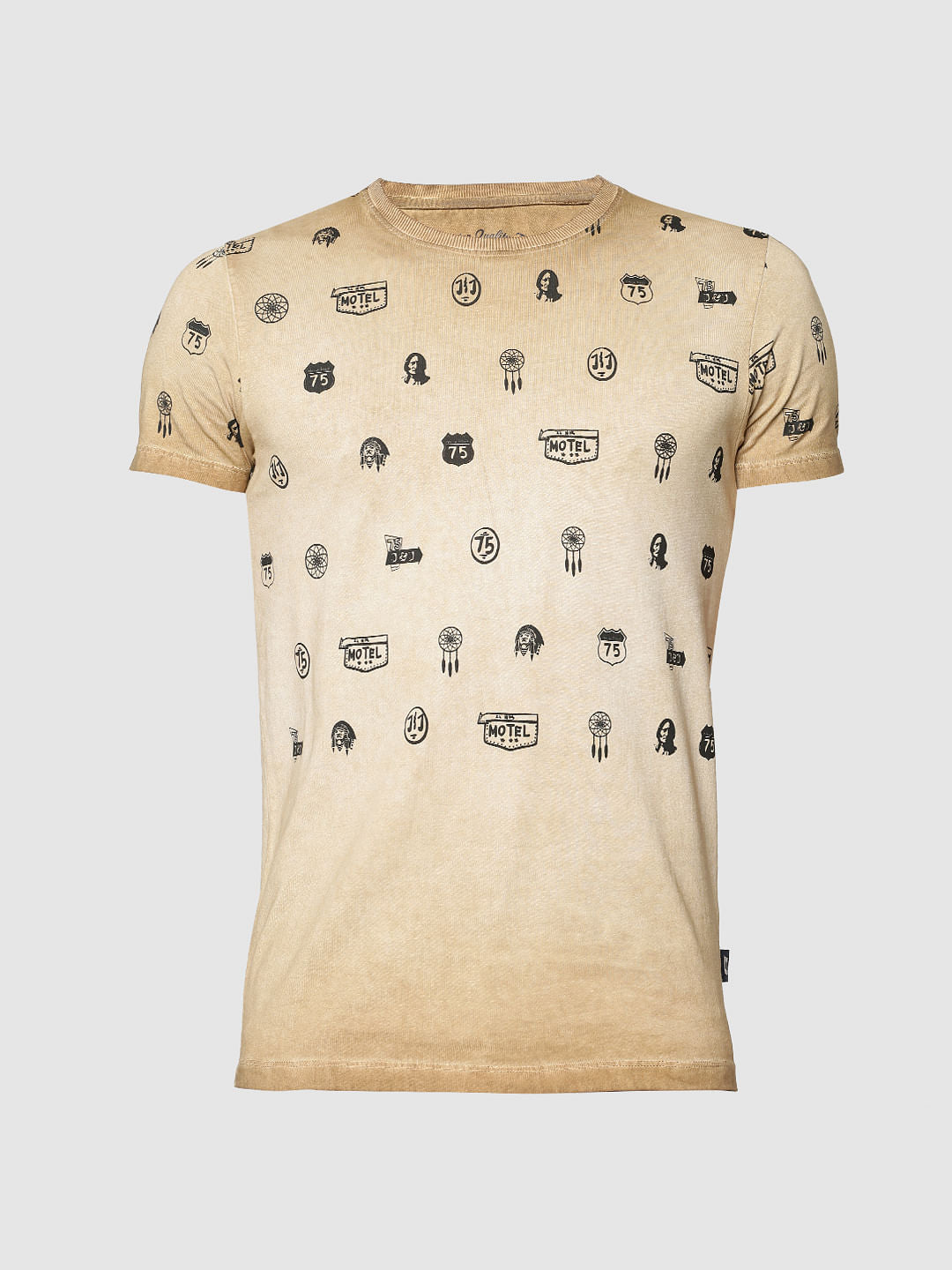 Brown All Over Graphic Print Slim Fit Crew Neck T-Shirt
