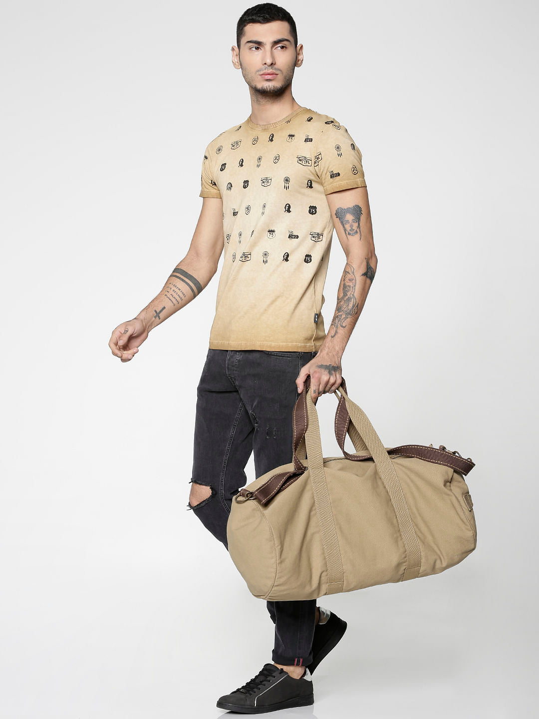 Brown All Over Graphic Print Slim Fit Crew Neck T-Shirt