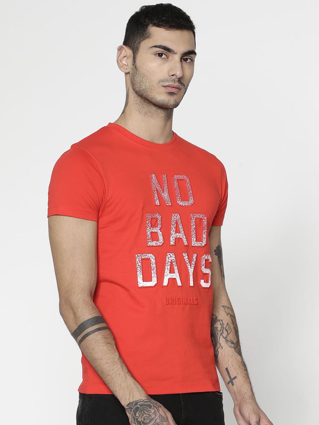 Red Text Print Slim Fit Crew Neck T-Shirt