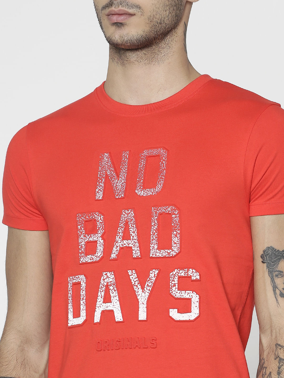 Red Text Print Slim Fit Crew Neck T-Shirt