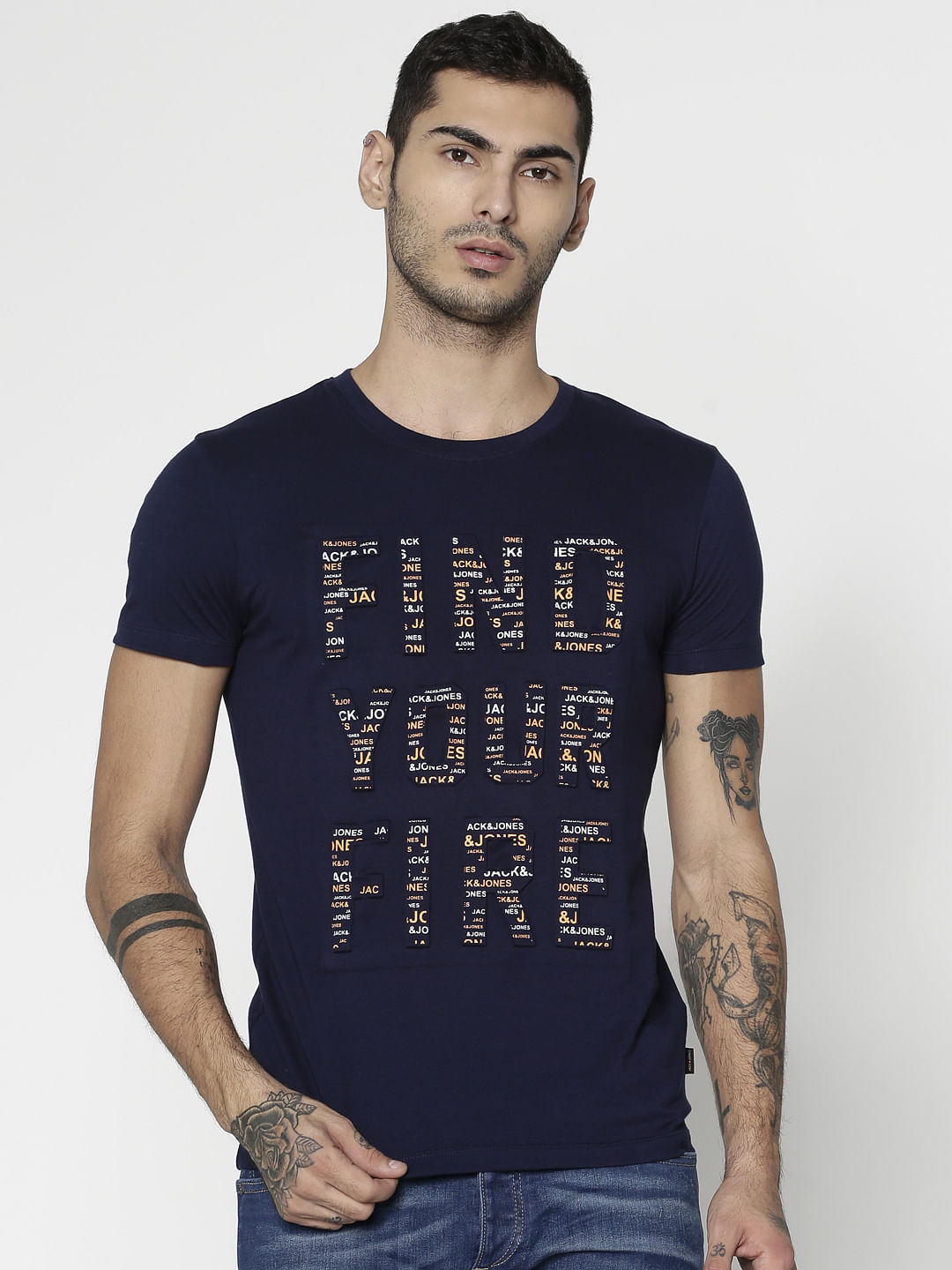 Navy Blue Text Print Slim Fit Crew Neck T-Shirt