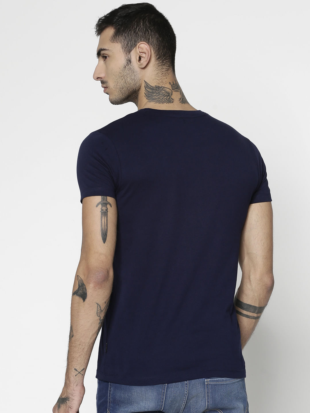 Navy Blue Text Print Slim Fit Crew Neck T-Shirt