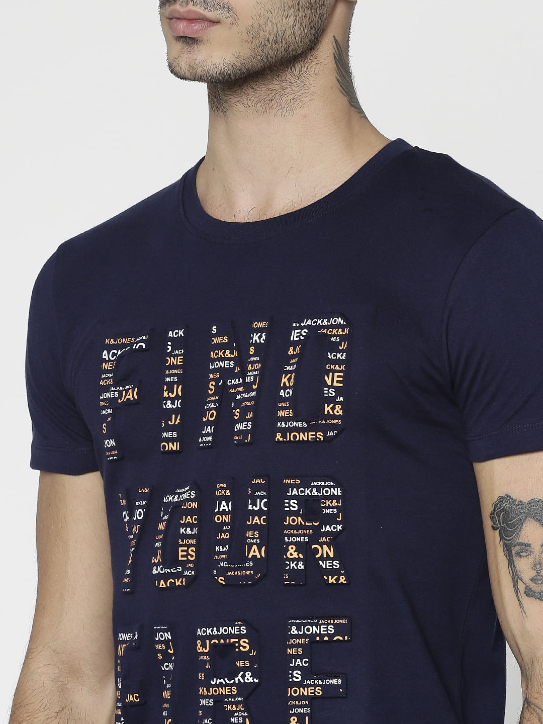Navy Blue Text Print Slim Fit Crew Neck T-Shirt