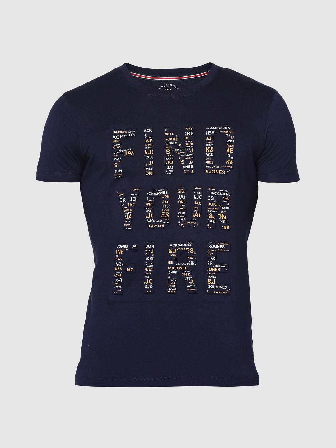 Navy Blue Text Print Slim Fit Crew Neck T-Shirt