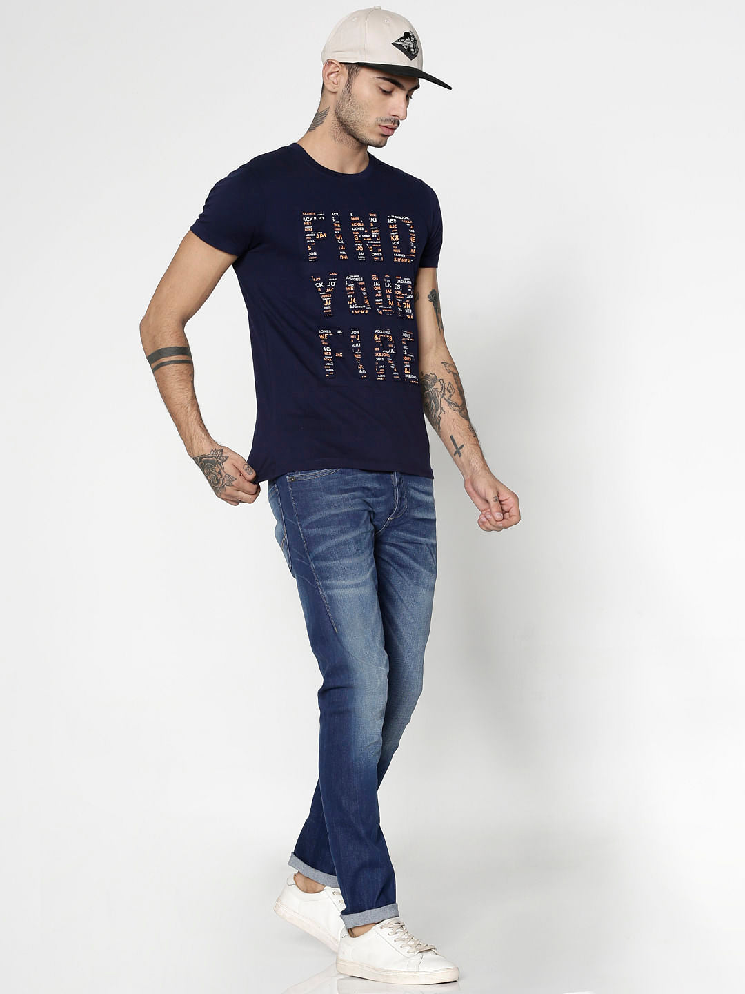 Navy Blue Text Print Slim Fit Crew Neck T-Shirt