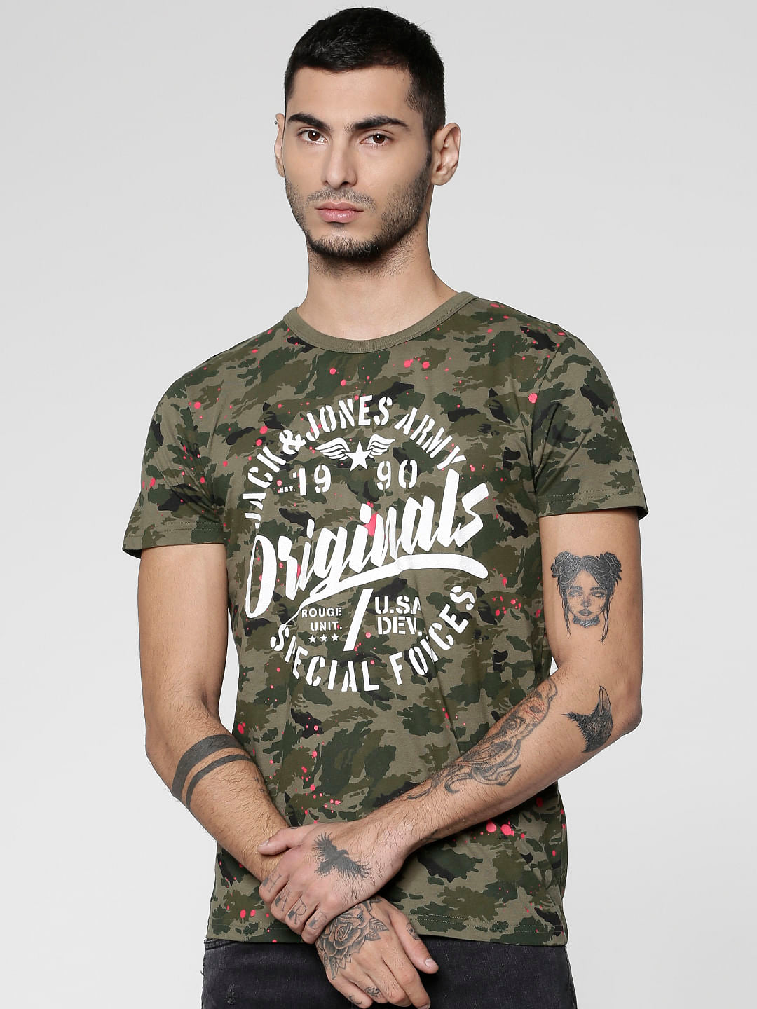 Green Camo Print Slim Fit Crew Neck T-Shirt