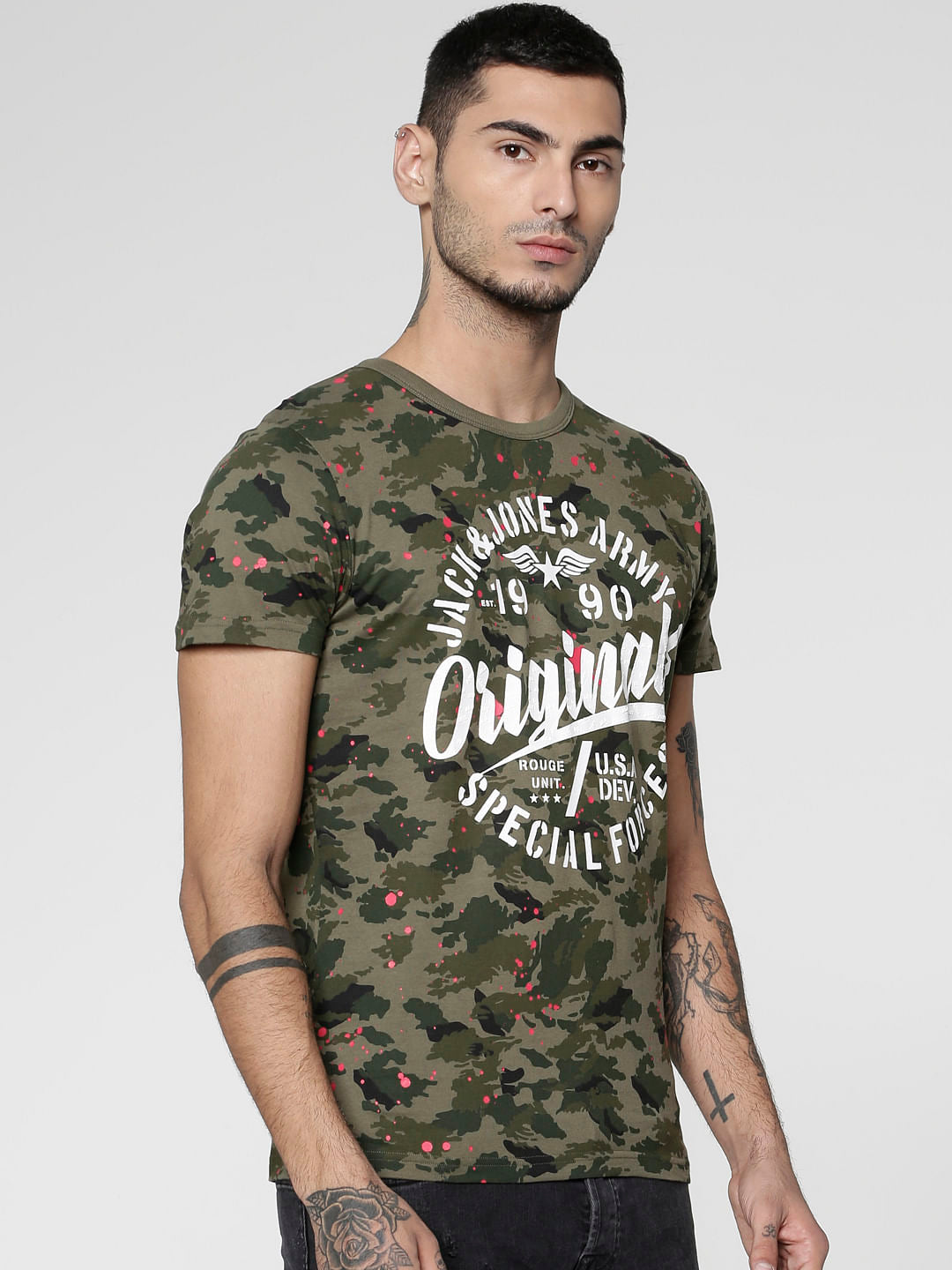 Green Camo Print Slim Fit Crew Neck T-Shirt