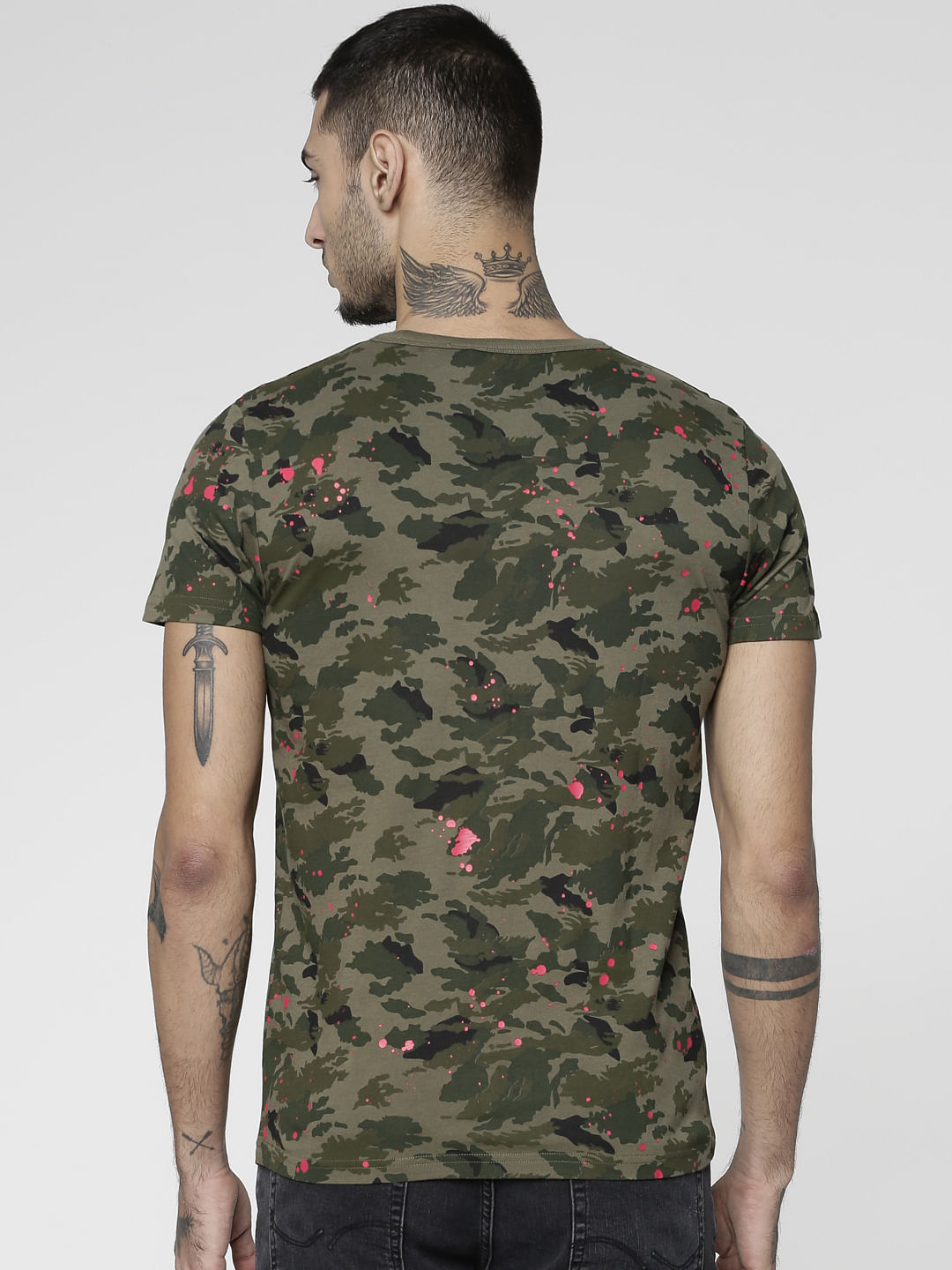 Green Camo Print Slim Fit Crew Neck T-Shirt