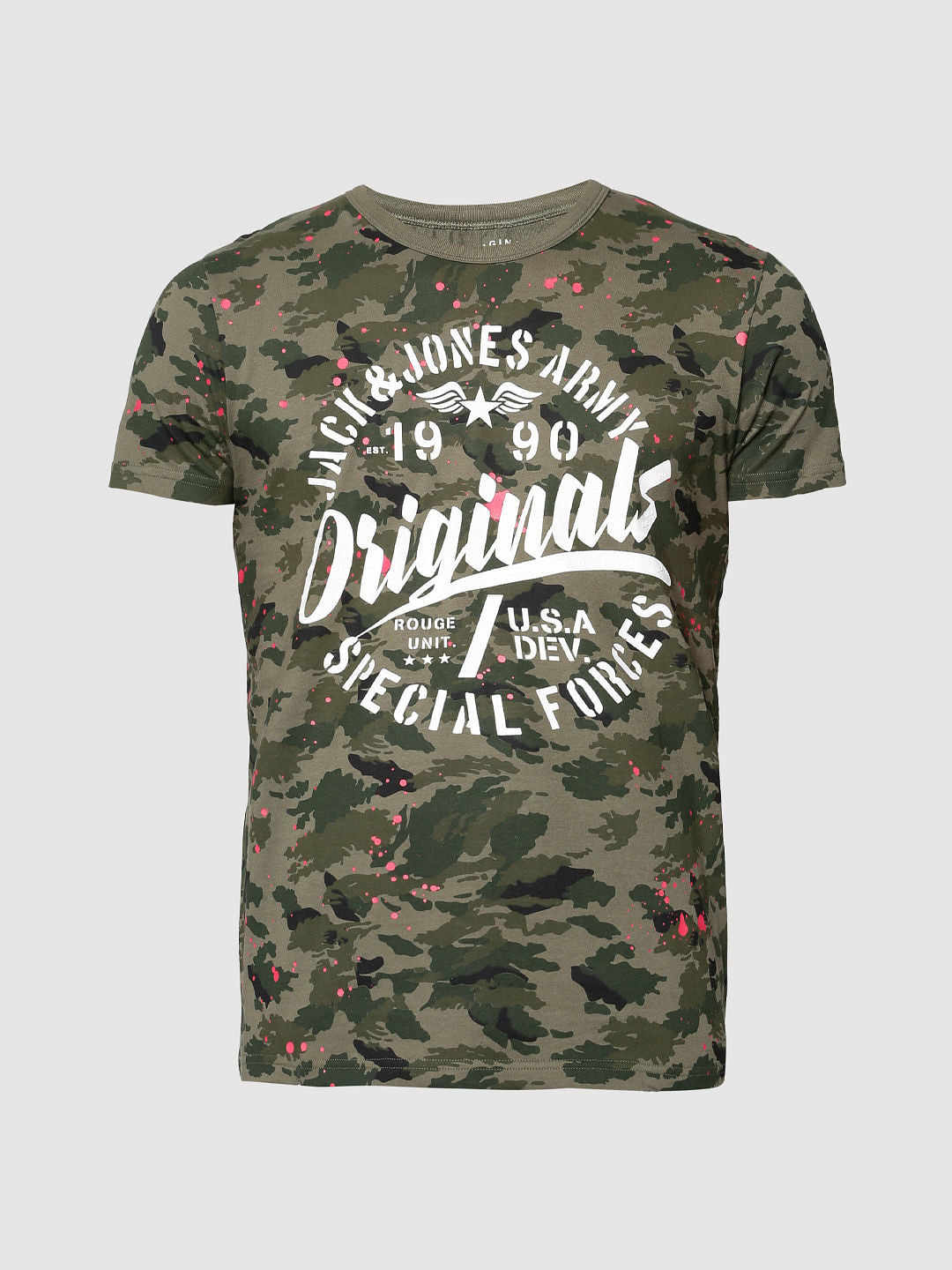 Green Camo Print Slim Fit Crew Neck T-Shirt