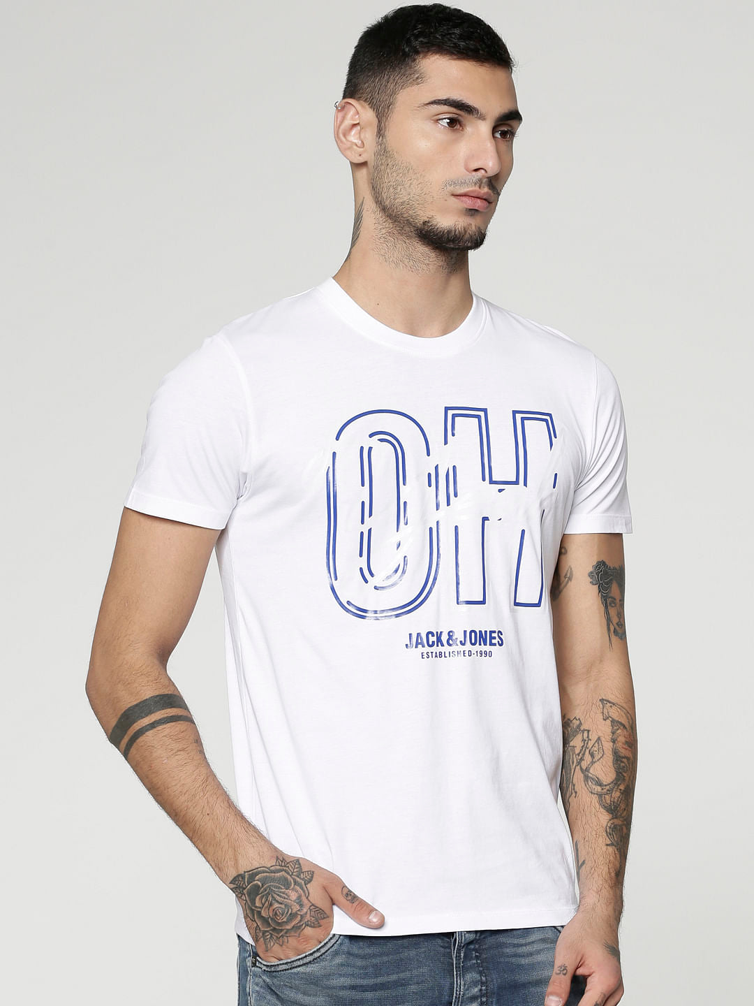 White Text Print Slim Fit Crew Neck T-Shirt