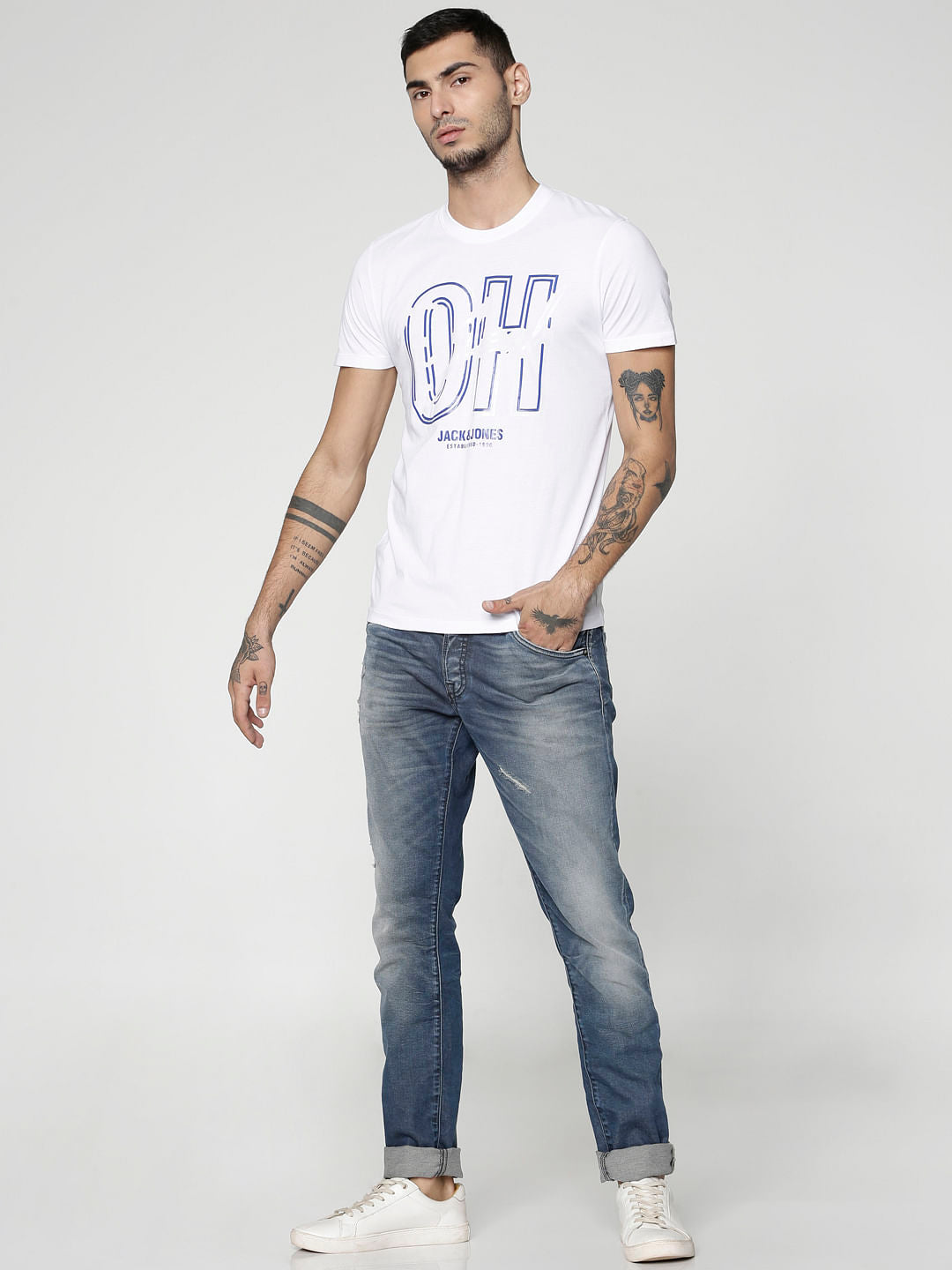 White Text Print Slim Fit Crew Neck T-Shirt