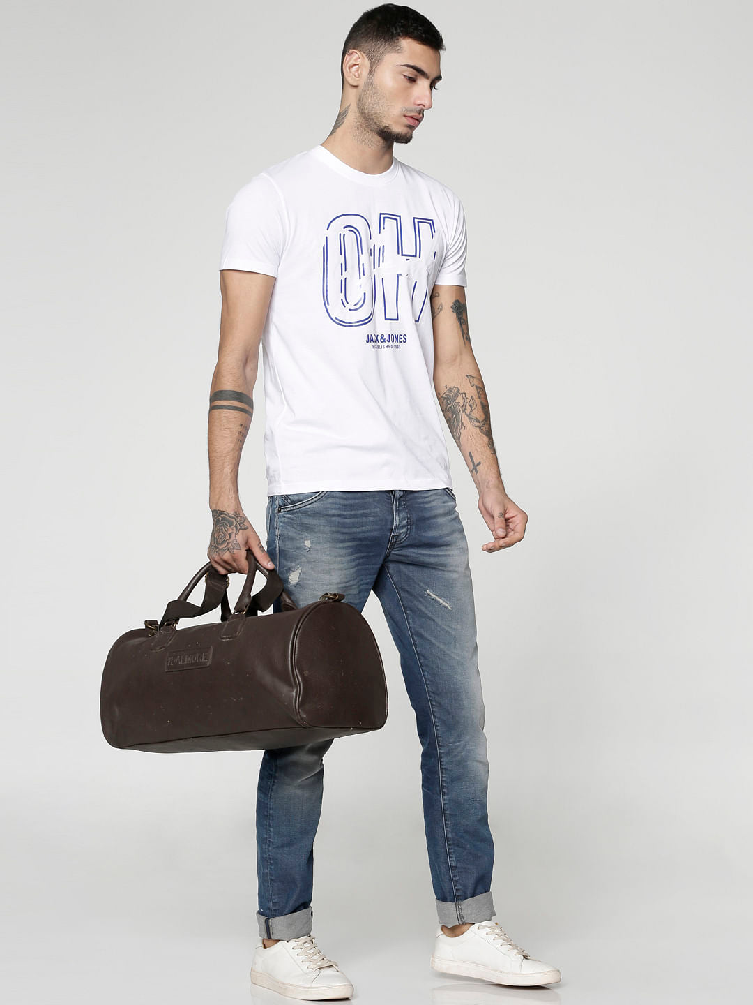 White Text Print Slim Fit Crew Neck T-Shirt