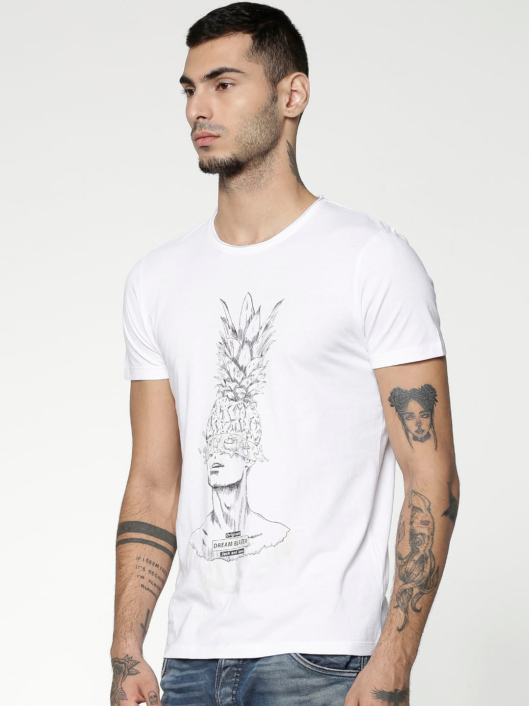 White Graphic Print Slim Fit Crew Neck T-Shirt