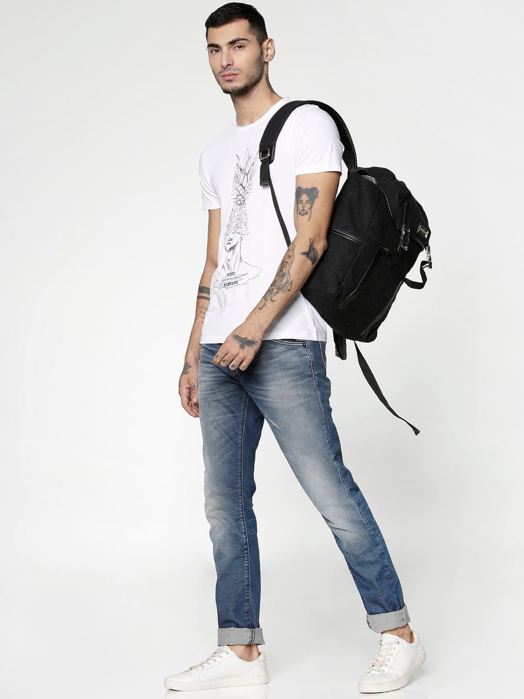 White Graphic Print Slim Fit Crew Neck T-Shirt