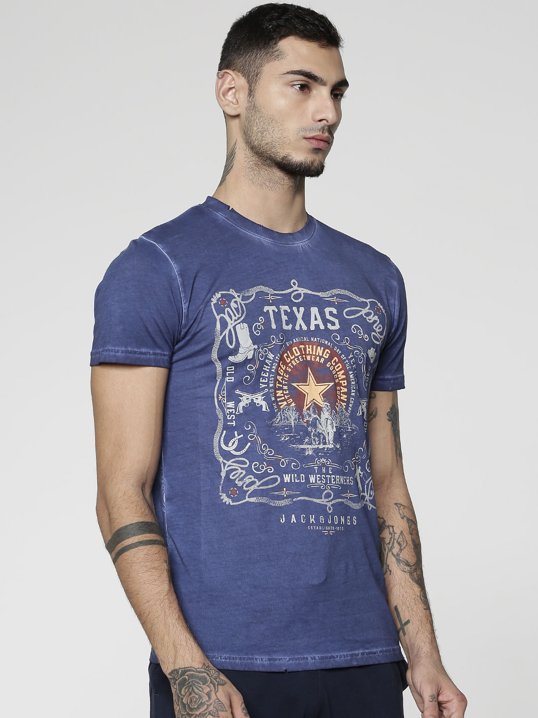 Blue Printed Slim Fit Crew Neck T-Shirt