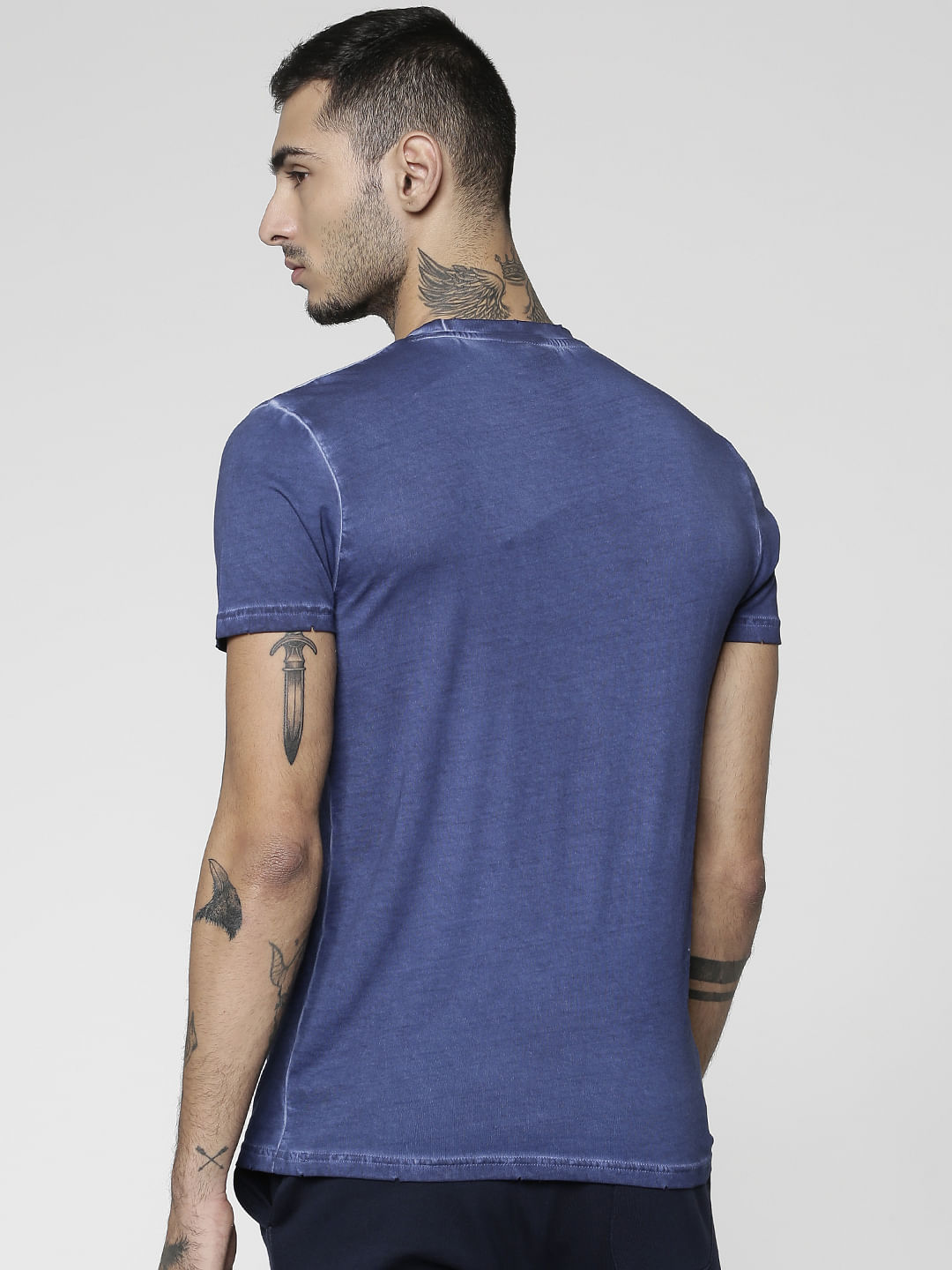 Blue Printed Slim Fit Crew Neck T-Shirt