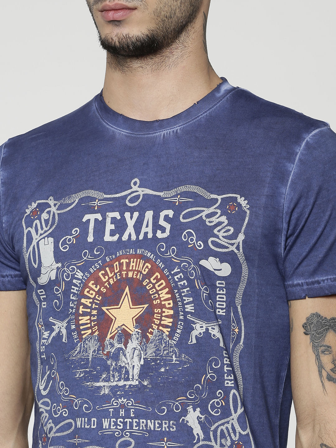 Blue Printed Slim Fit Crew Neck T-Shirt