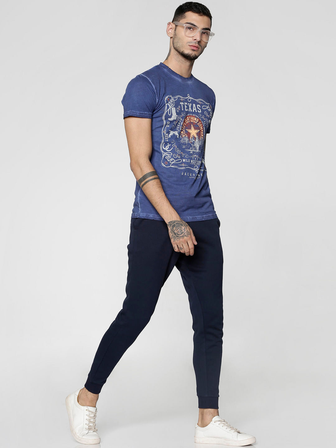Blue Printed Slim Fit Crew Neck T-Shirt