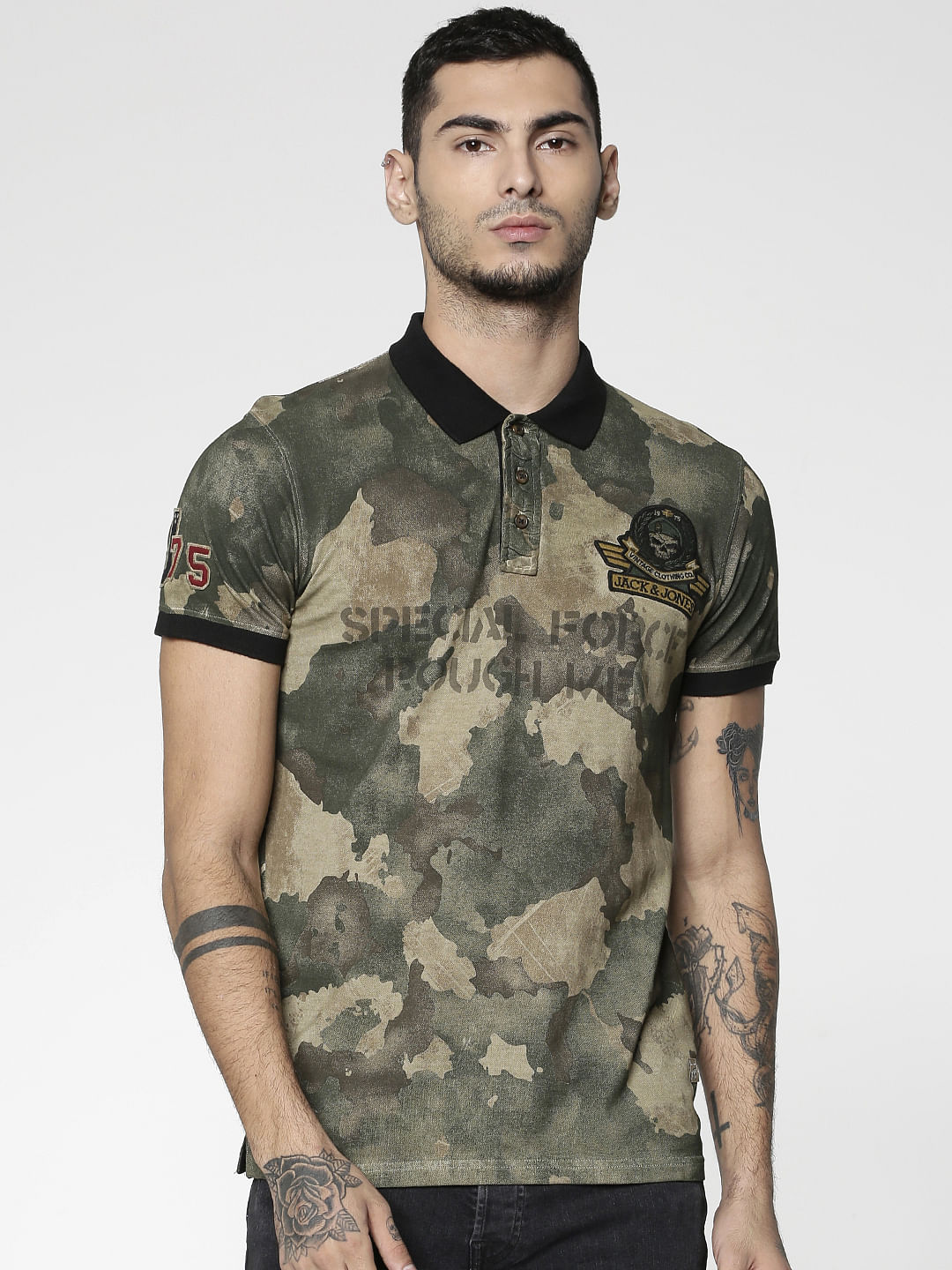 Brown Camo Slim Fit Polo Neck T-Shirt - S