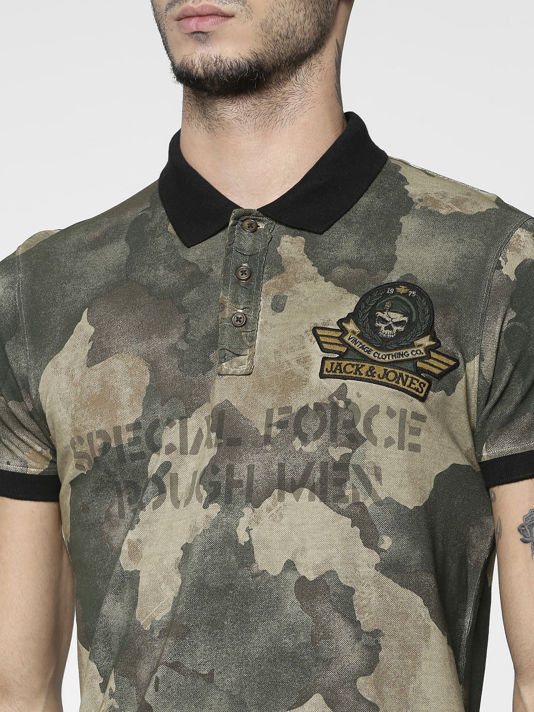 Brown Camo Slim Fit Polo Neck T-Shirt