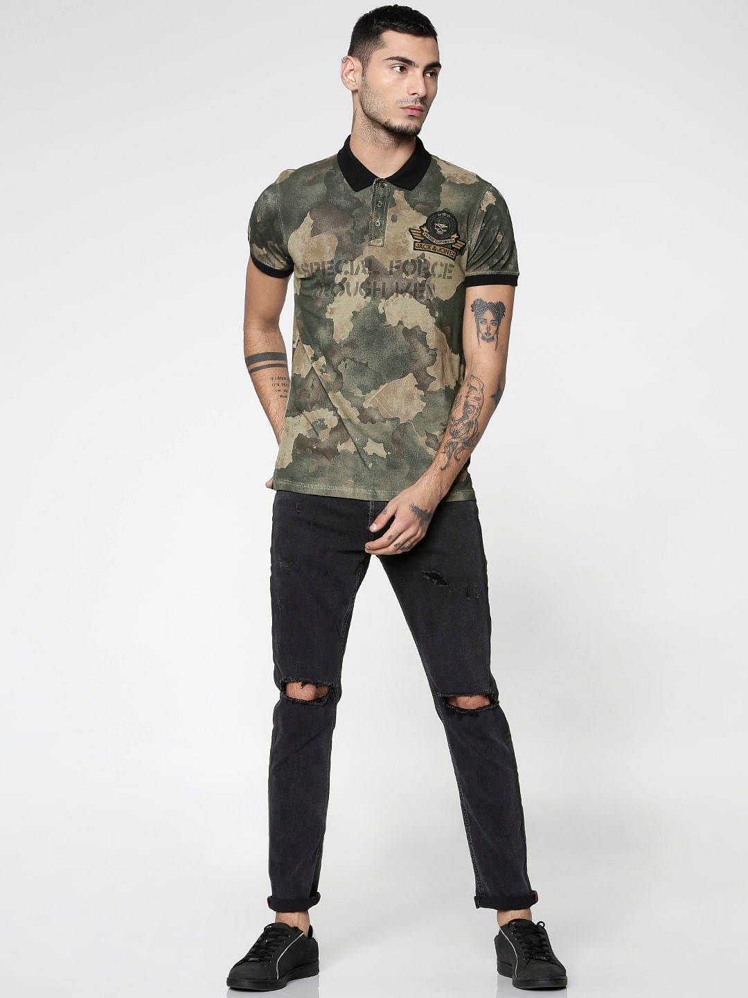 Brown Camo Slim Fit Polo Neck T-Shirt