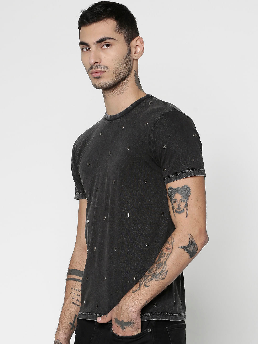 Black Embellished Crew Neck T-Shirt - S