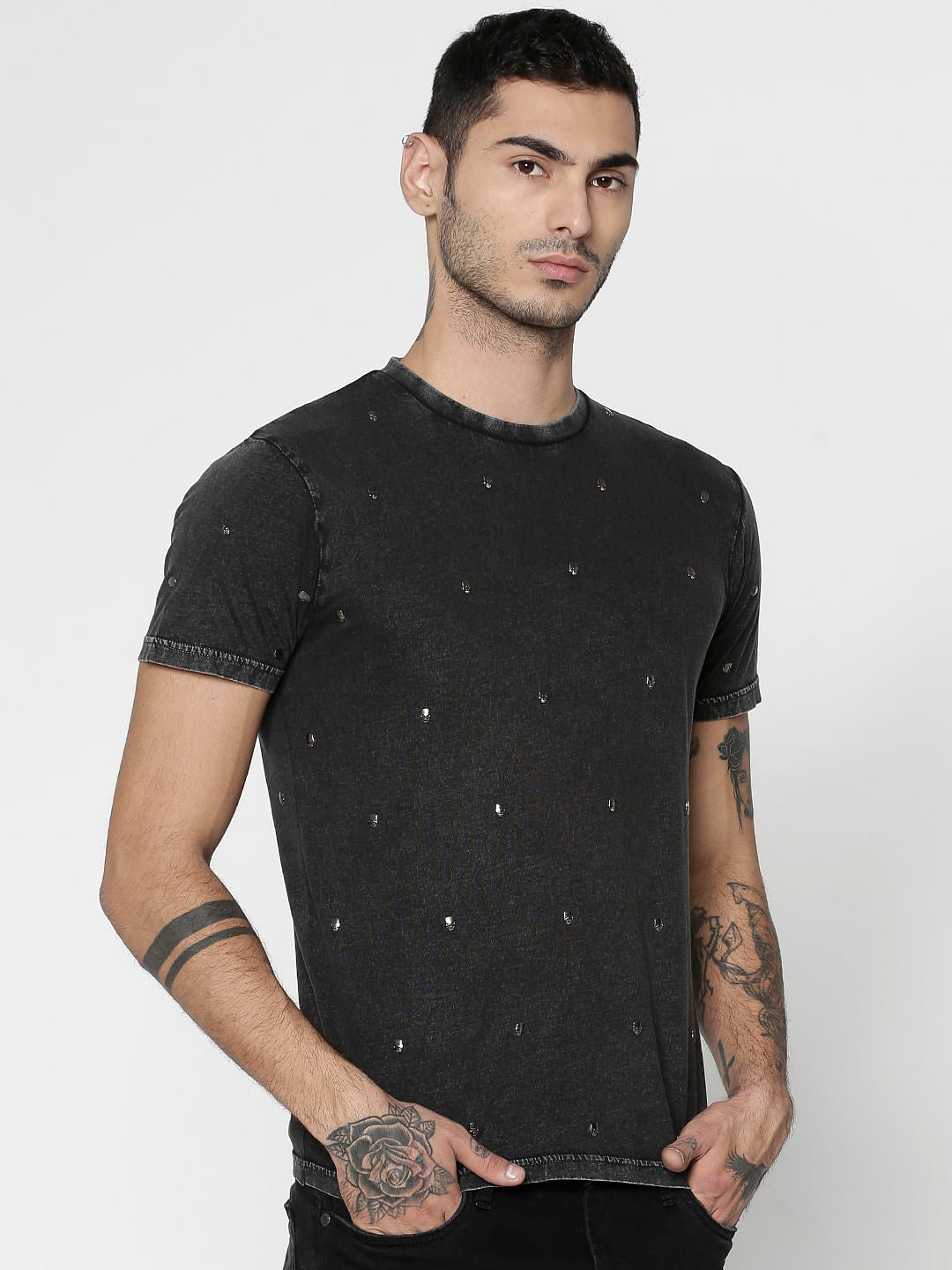 Black Embellished Crew Neck T-Shirt