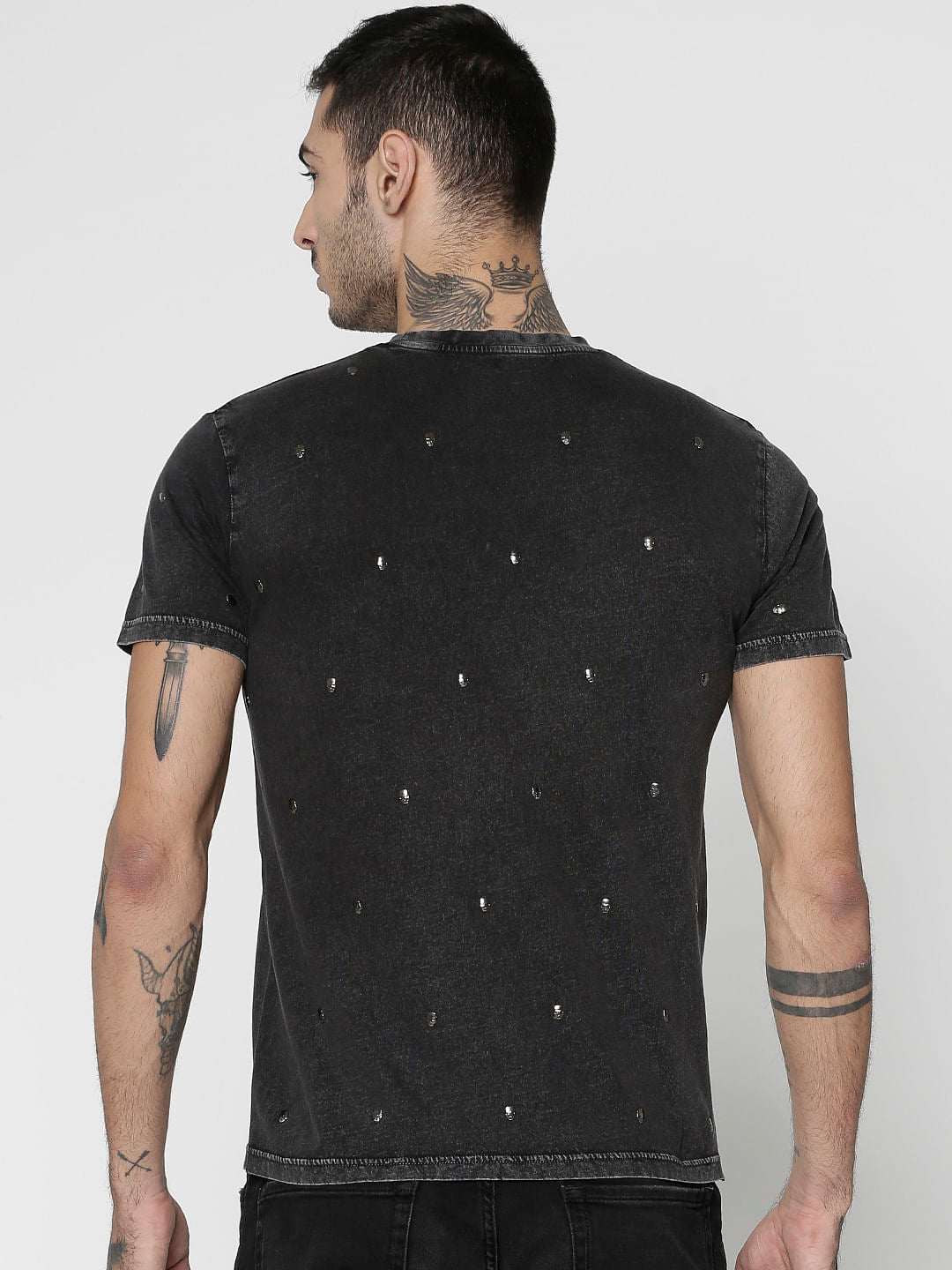 Black Embellished Crew Neck T-Shirt