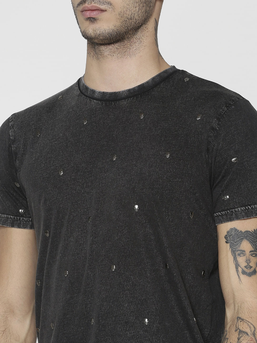 Black Embellished Crew Neck T-Shirt