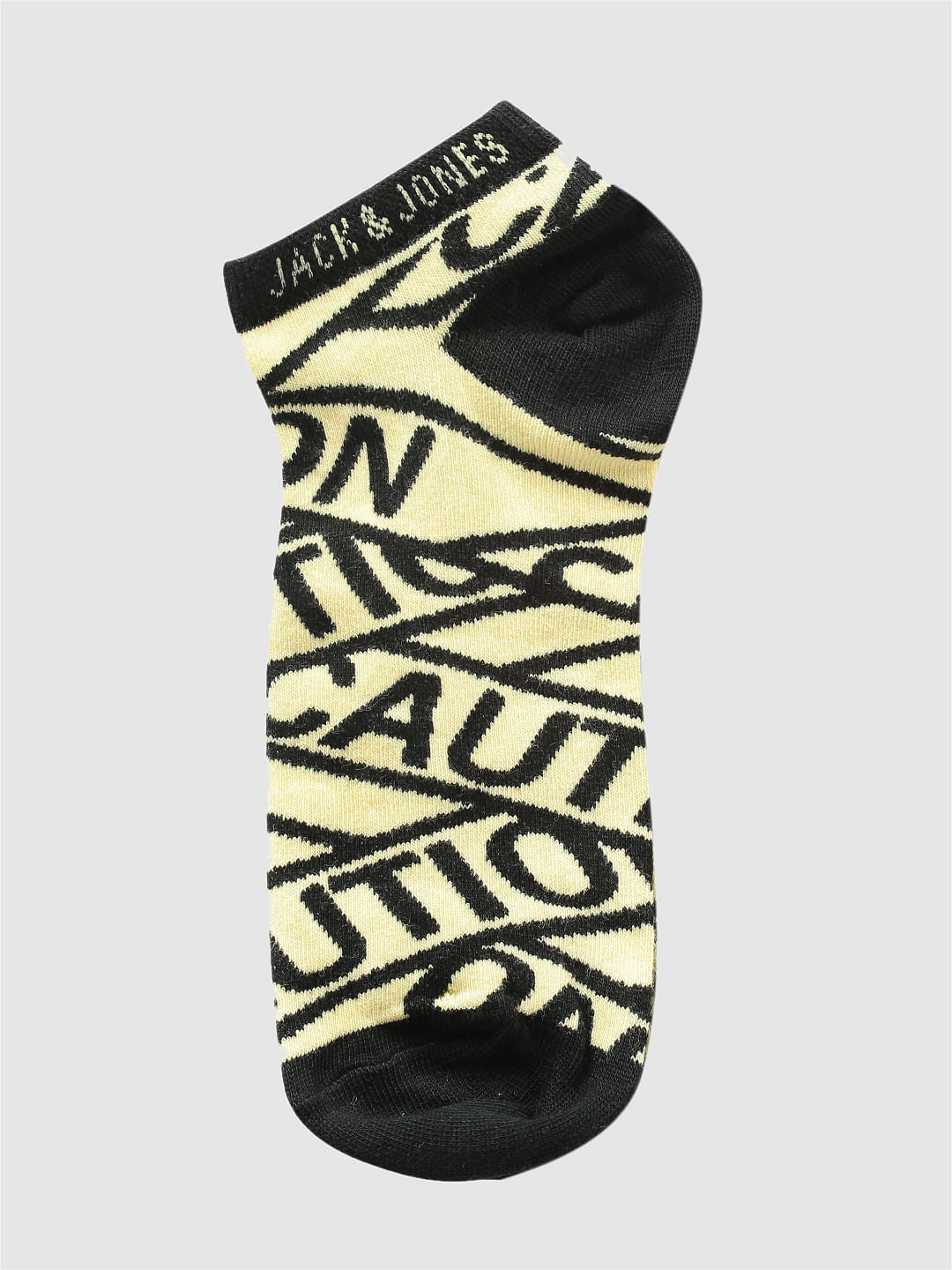 Yellow Caution Text Print Ankle Length Socks - ONE