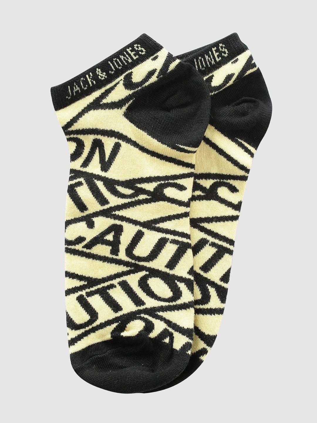 Yellow Caution Text Print Ankle Length Socks