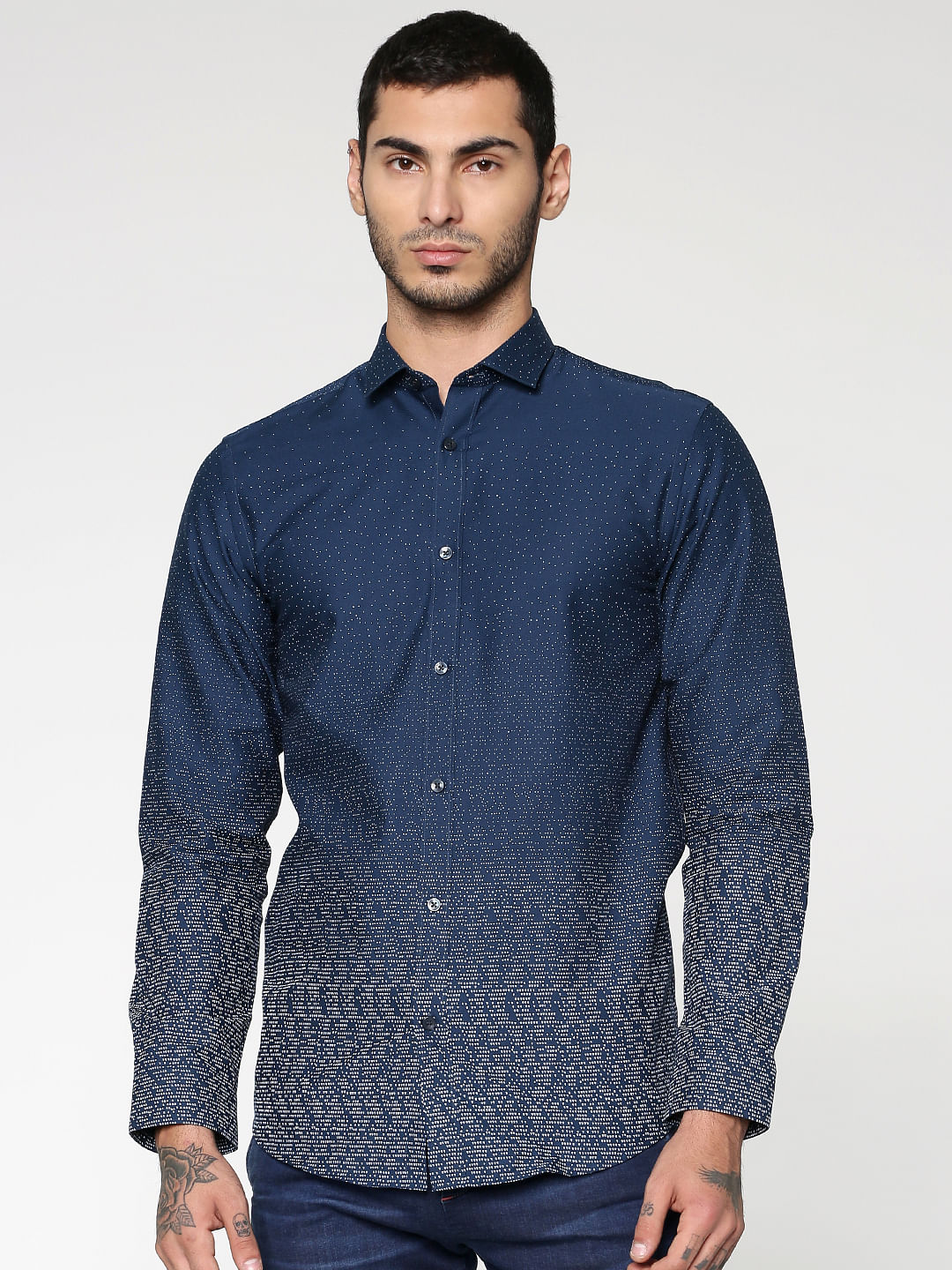 Blue All Over Dotted Print Full Sleeves Shirt - S
