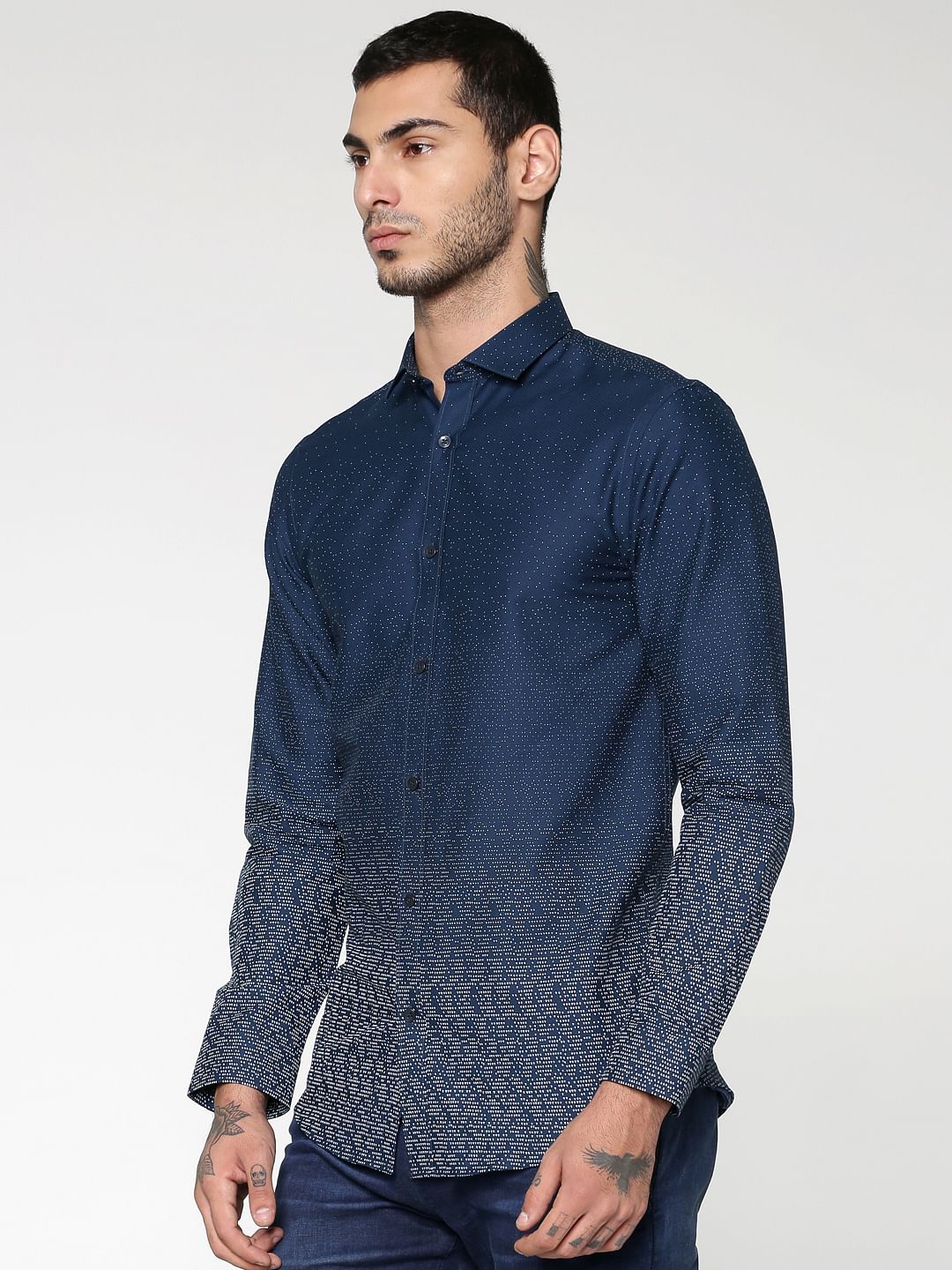 Blue All Over Dotted Print Full Sleeves Shirt