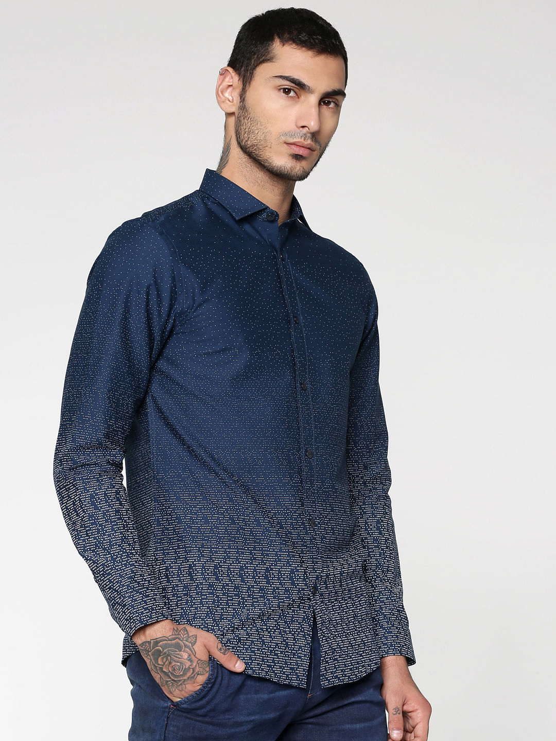 Blue All Over Dotted Print Full Sleeves Shirt