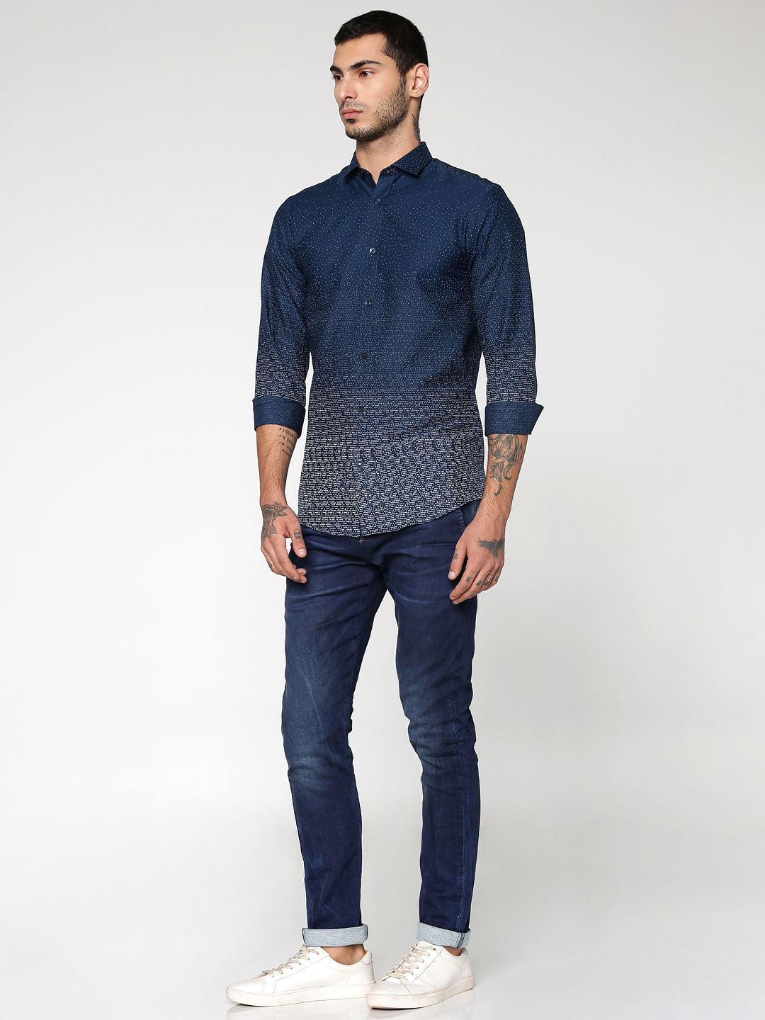 Blue All Over Dotted Print Full Sleeves Shirt