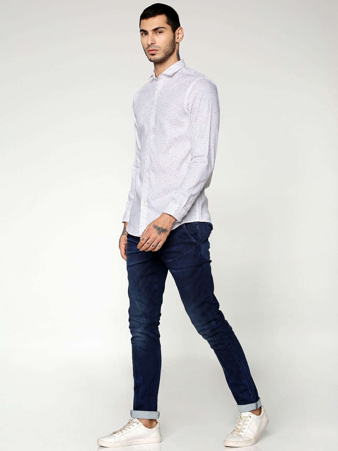 White All Over Print Slim Fit Full Sleeves Shirt