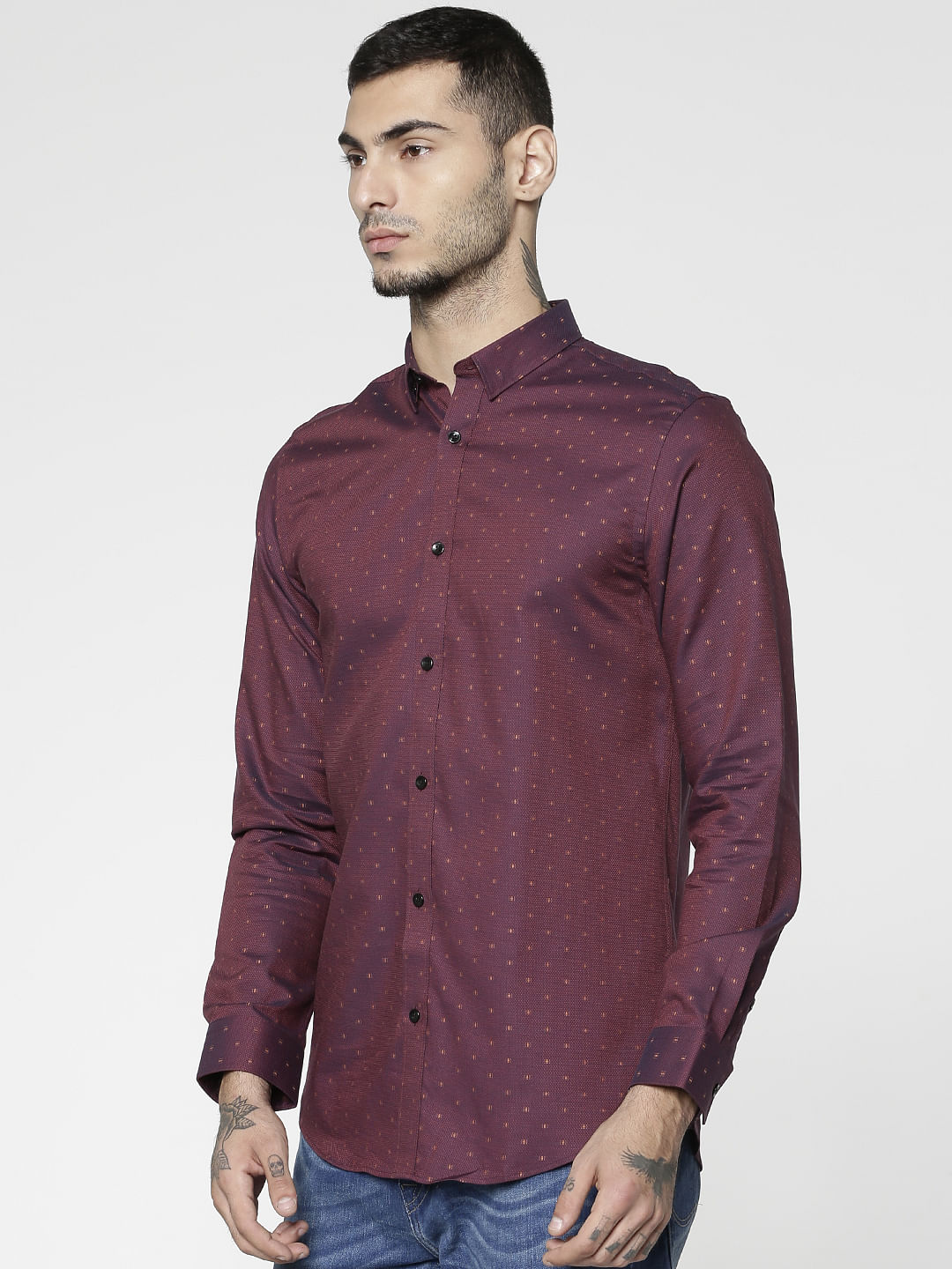 Red All Over Dotted Print Full Sleeves Shirt