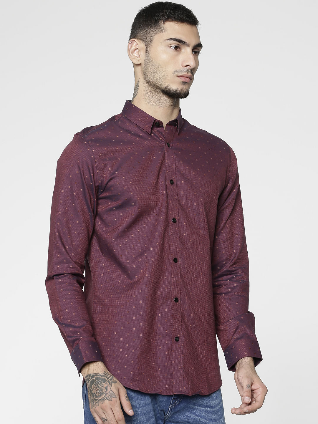 Red All Over Dotted Print Full Sleeves Shirt