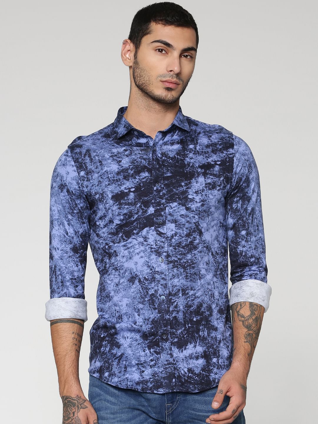 Blue All Over Texture Print Slim Fit Full Sleeves Shirt - S