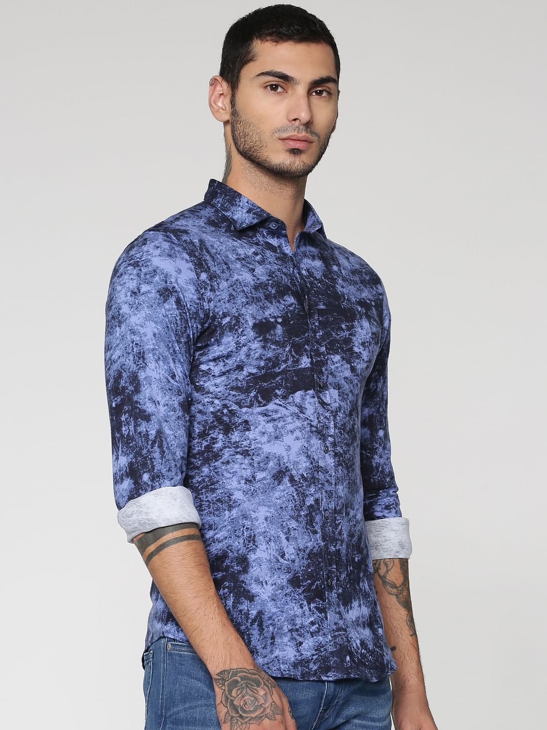 Blue All Over Texture Print Slim Fit Full Sleeves Shirt