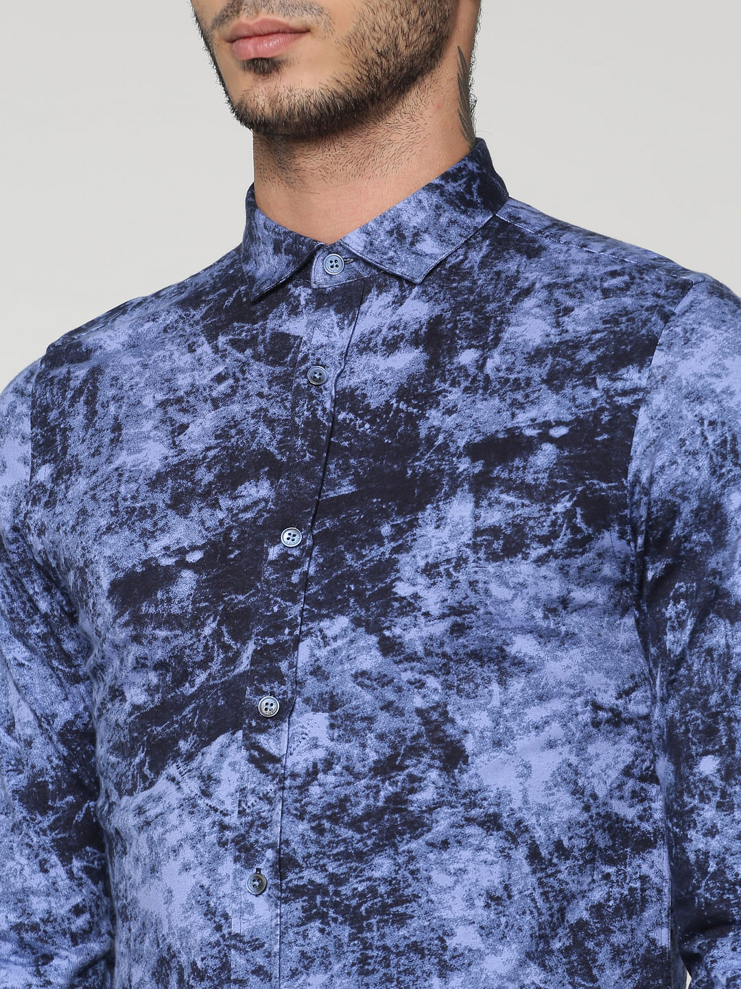 Blue All Over Texture Print Slim Fit Full Sleeves Shirt