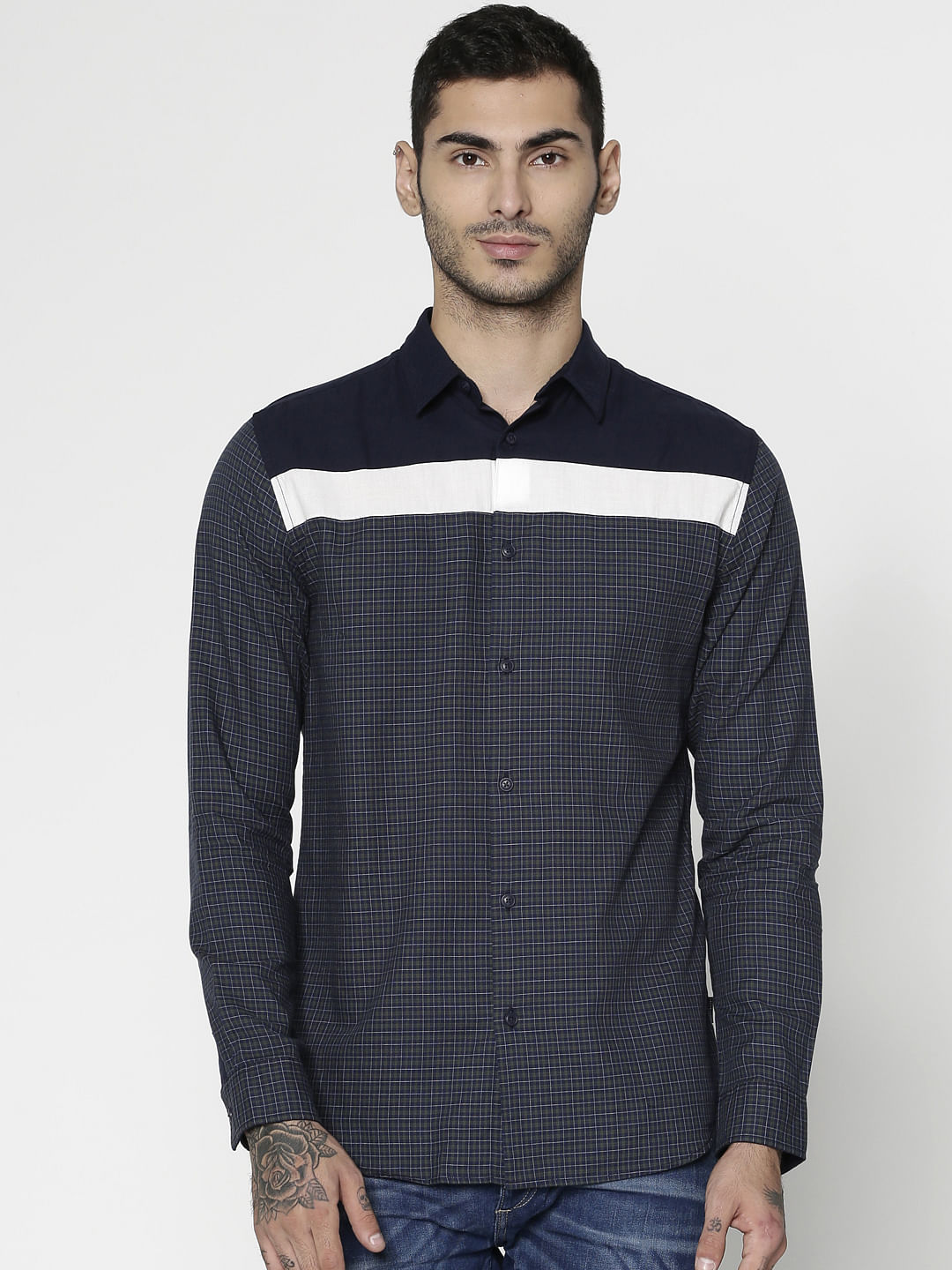 Blue Colour Blocked Checks Print Slim Fit Full Sleeves Shirt