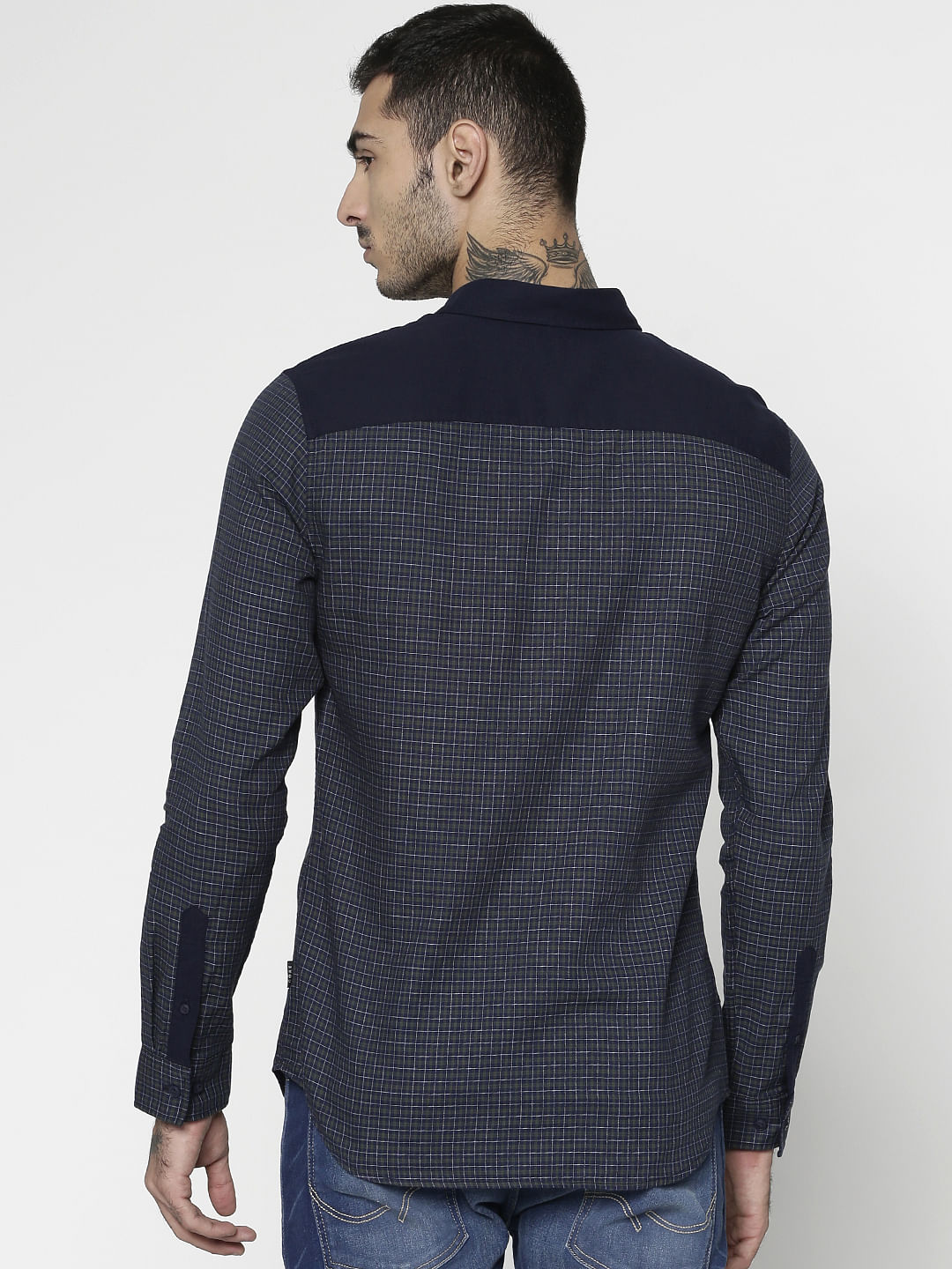 Blue Colour Blocked Checks Print Slim Fit Full Sleeves Shirt