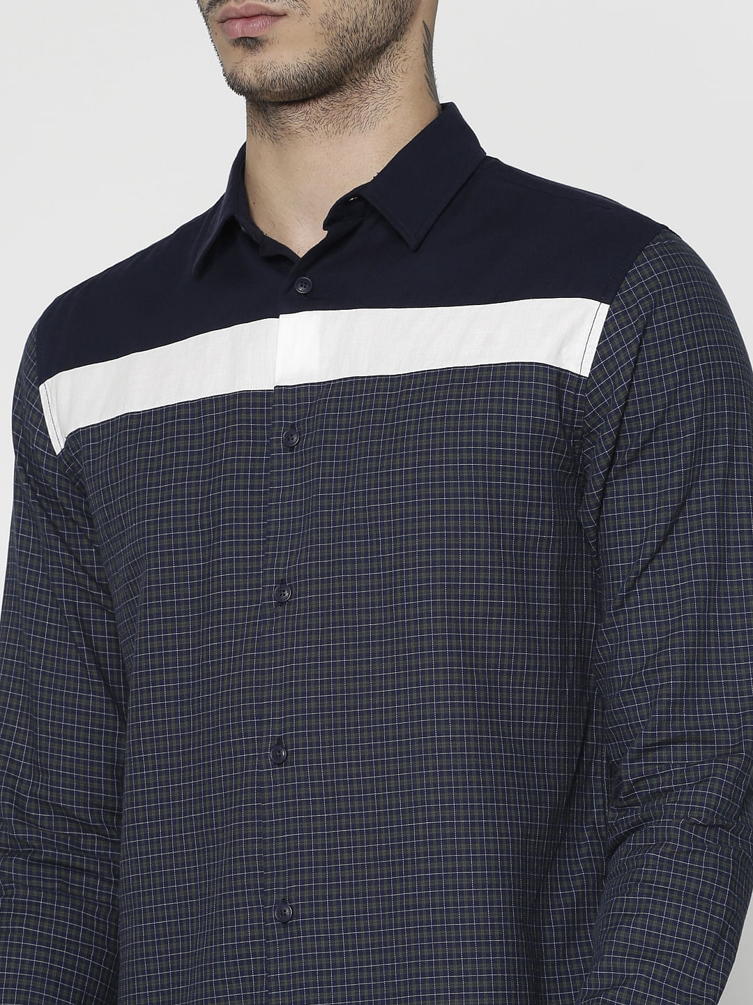 Blue Colour Blocked Checks Print Slim Fit Full Sleeves Shirt